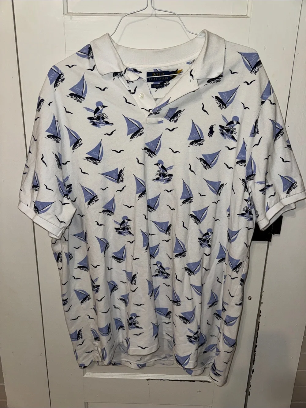 Ralph Lauren White Polo with Light Blue Sailboat Print XXL